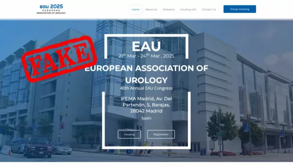This image shows a fake website. Only register and book accommodation through the official organiser, Congress Consultants B.V., to avoid scams and fraudulent third parties using the EAU logo.