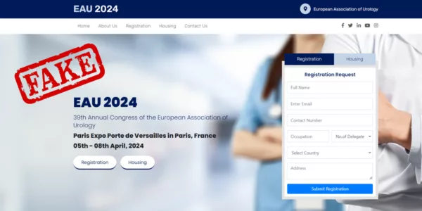 This image shows a fake website. Only register and book accommodation through the official organiser, Congress Consultants B.V., to avoid scams and fraudulent third parties using the EAU logo.