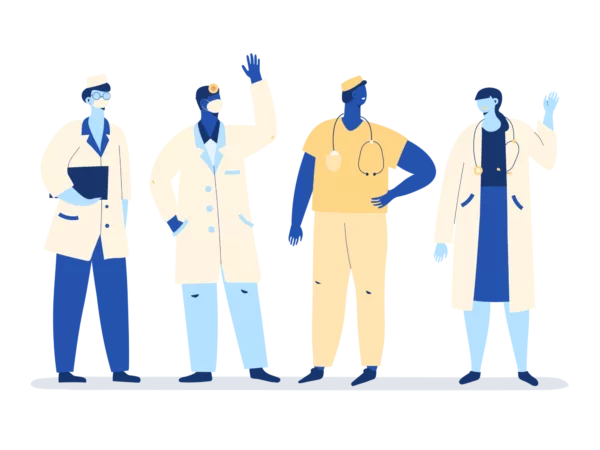 Illustration of medical professionals standing next to each other and waving in a friendly manner.