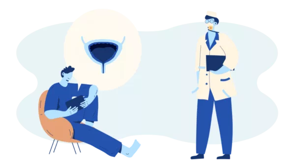 Illustration of a person studying the human bladder with a doctor beside them.