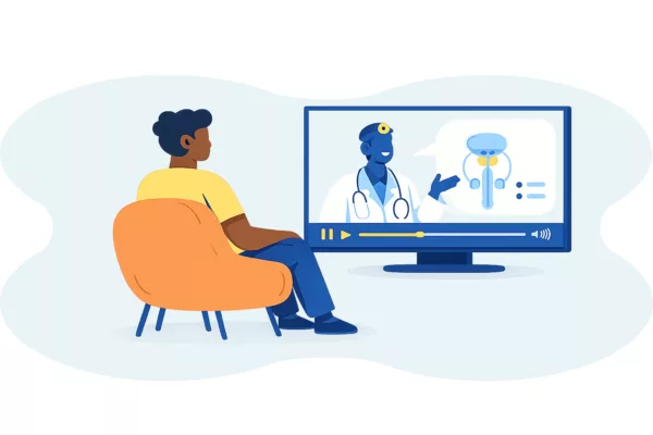 Illustration of a patient watching an educational video about prostate cancer.