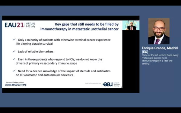 A PowerPoint slide showing key gaps that still need to be filled for immunotherapy in mUC.