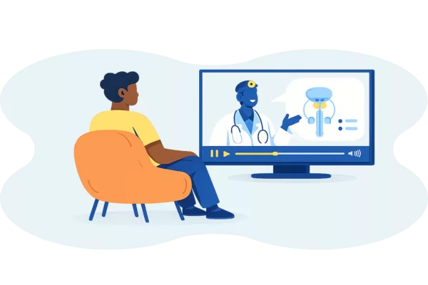 Illustration of a patient watching an educational video about prostate cancer.