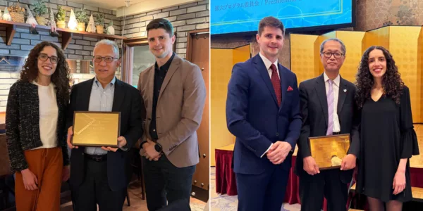 Photos of 2 men and 1 woman posing for an awarding