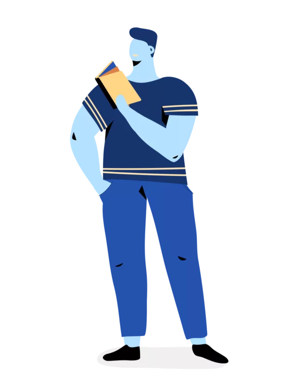 Illustration of a person reading a book while conducting research.