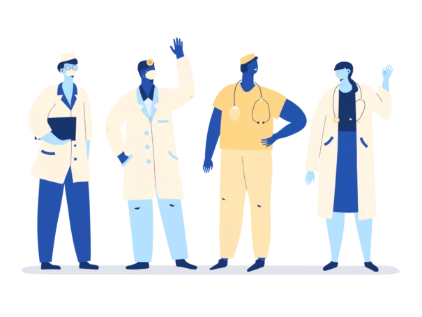 Illustration of medical professionals standing next to each other and waving in a friendly manner.
