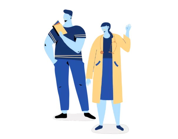 Illustration of a person researching and learning about bladder cancer while standing next to a doctor.