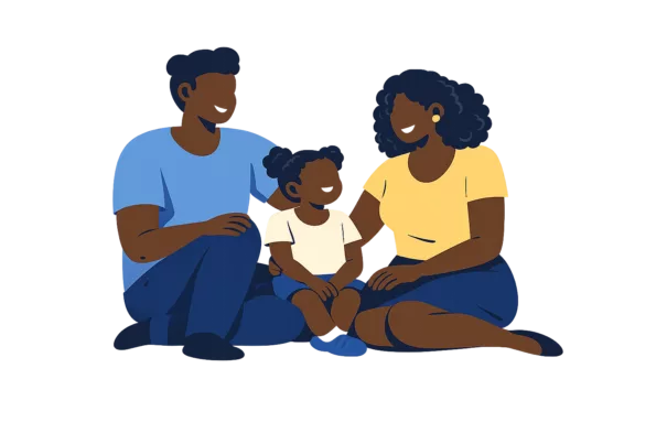 Family smiling to each other, sitting on the ground.