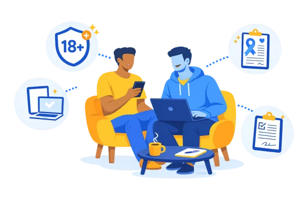 Two guys looking at information about prostate cancer and how to participate to the BALANCE study.